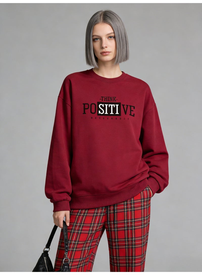 BM INS Burgundy "THINK POSITIVE" Block Letter Oversized Crew Neck Sweatshirt | Unisex Pullover With "DO YOUR BEST" Slogan - Image 2